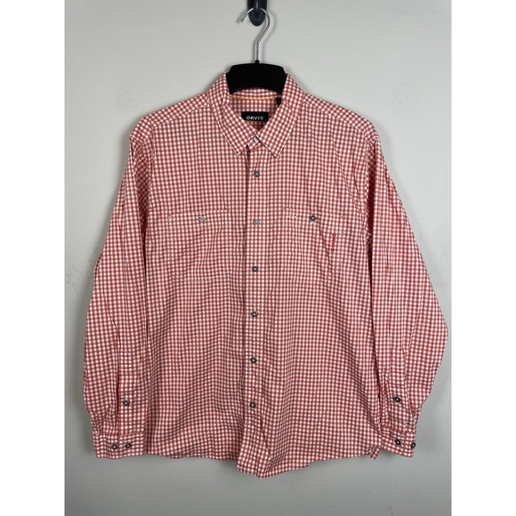 Orvis Active Fit Shirt Mens Large Nylon Blend Orange Gingham Check Fishing - Picture 2 of 7